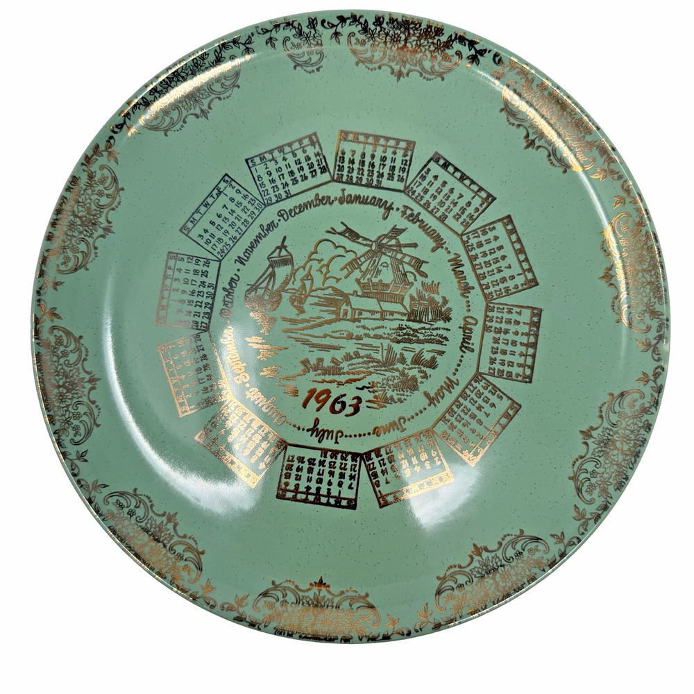 Vintage 1963 Pebbleford Calendar Plate Aqua Turquoise Gold Windmill Taylor Smith